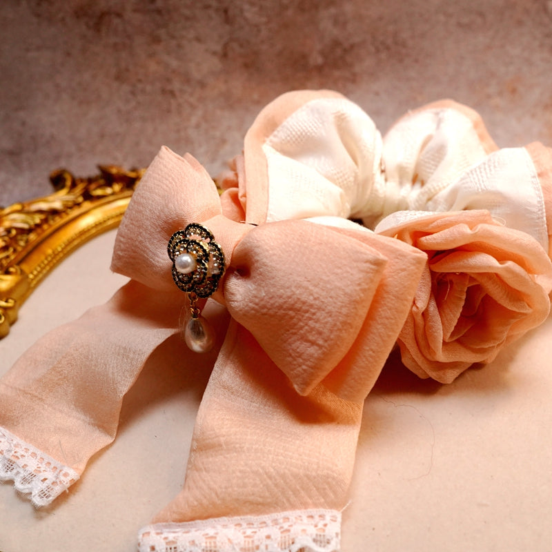 Rose Floral Lace Scrunchie, Handmade Soft Fabric Hair Tie