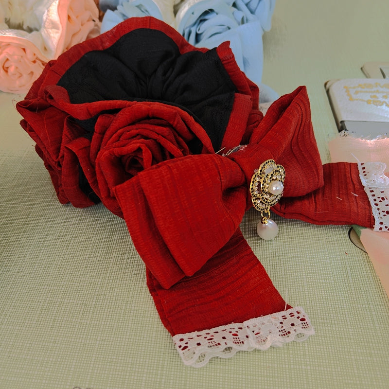 Rose Floral Lace Scrunchie, Handmade Soft Fabric Hair Tie
