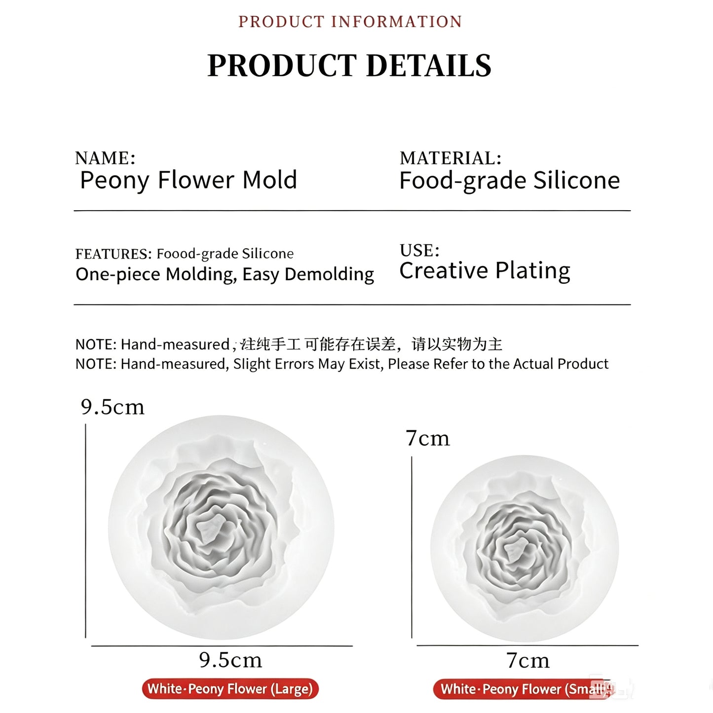 3D Peony Flower Silicone Mold - 2 Sizes (7cm / 9.5cm) for Candles, Baking & Soap Making 