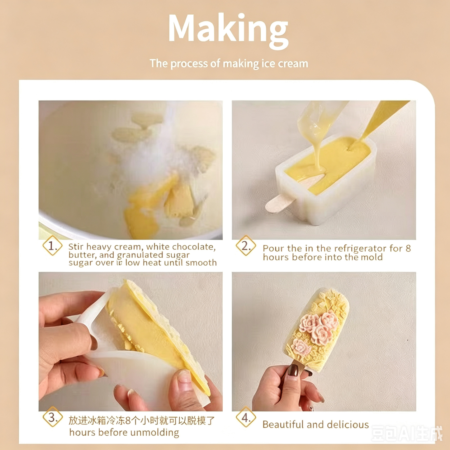 Chinese Floral Relief Silicone Popsicle Mold - DIY Artisan Ice Cream Bar Mold, 90ml