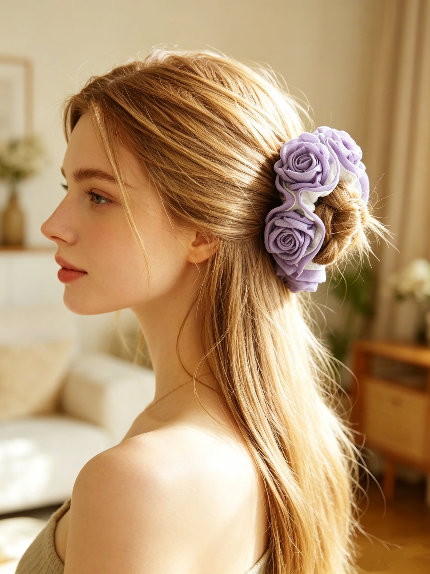 Rose Floral Scrunchie - Handmade Soft Fabric Hair Tie