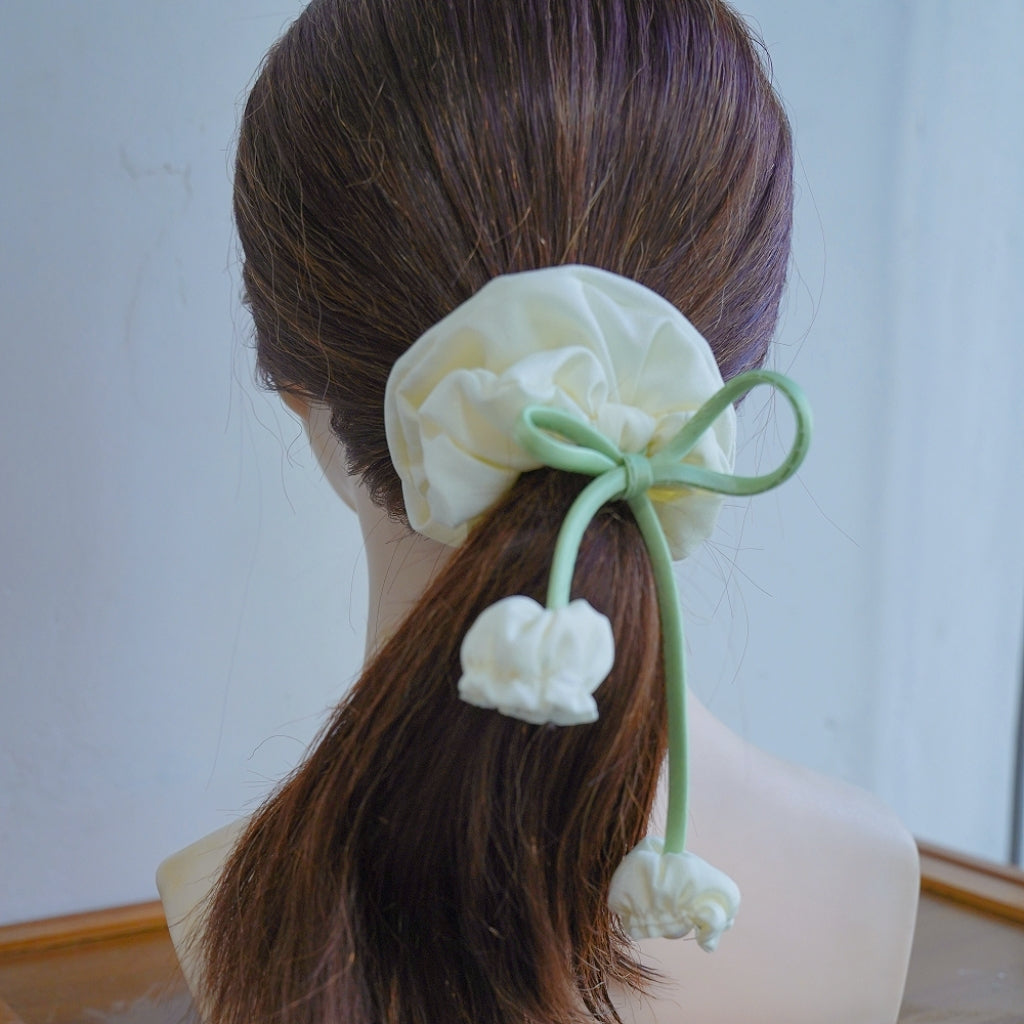 100% Hand Sewn Cream White Lily of the Valley Scrunchie with 2 Handmade 3D Flowers, French Floral Tassel Hair Tie for Daily Casual Wear