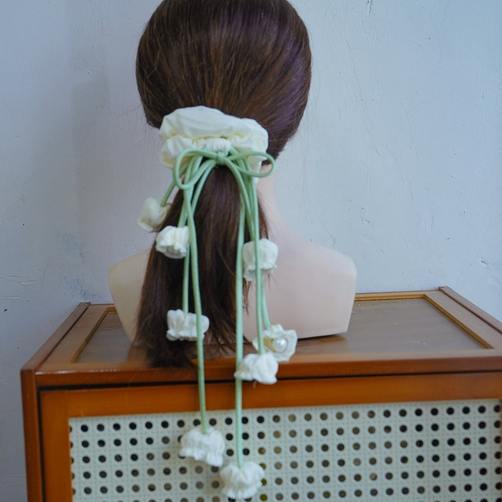 100% Hand Sewn Cream White Lily of the Valley Scrunchie with 2 Handmade 3D Flowers, French Floral Tassel Hair Tie for Daily Casual Wear