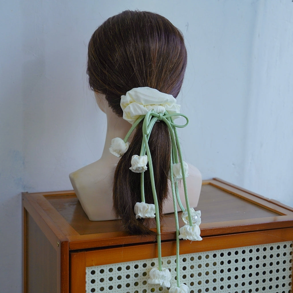 100% Hand Sewn Cream White Lily of the Valley Scrunchie with 2 Handmade 3D Flowers, French Floral Tassel Hair Tie for Daily Casual Wear