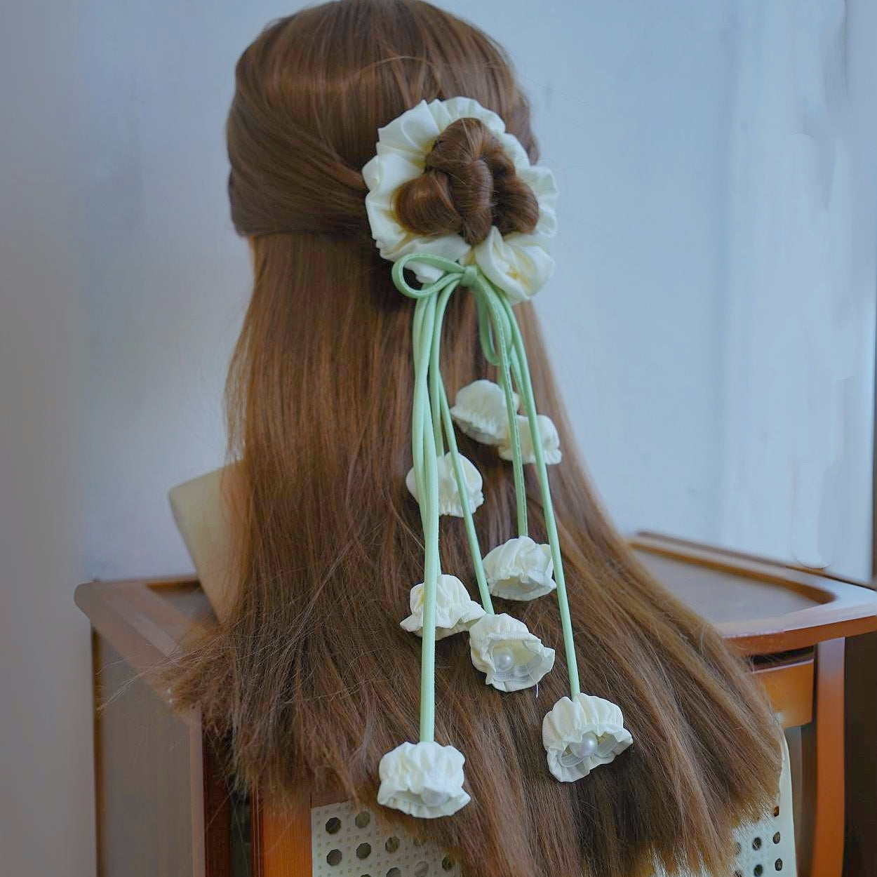 100% Hand Sewn Cream White Lily of the Valley Scrunchie with 2 Handmade 3D Flowers, French Floral Tassel Hair Tie for Daily Casual Wear