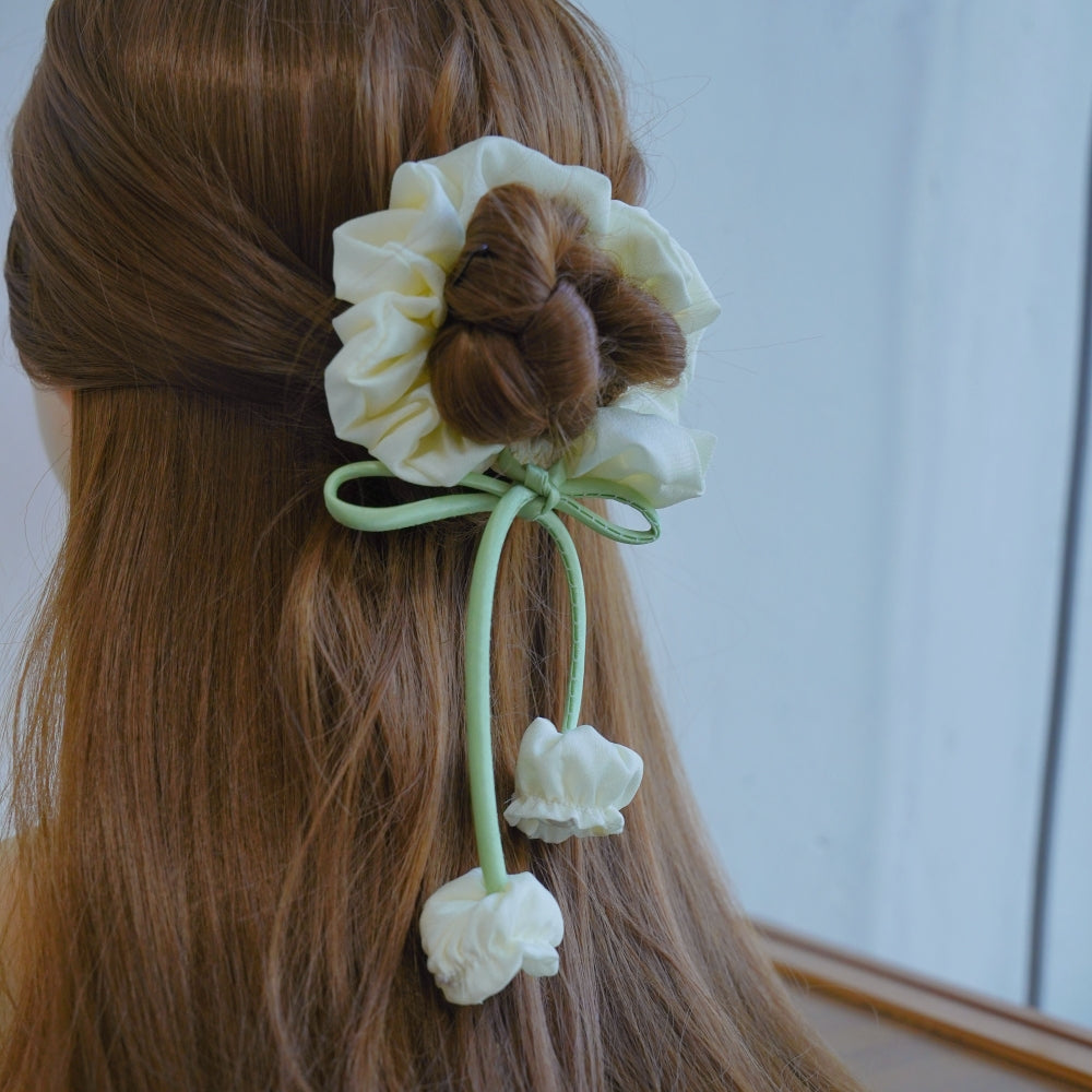 100% Hand Sewn Cream White Lily of the Valley Scrunchie with 2 Handmade 3D Flowers, French Floral Tassel Hair Tie for Daily Casual Wear