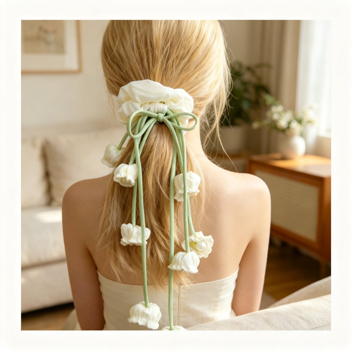 100% Hand Sewn Cream White Lily of the Valley Scrunchie with 2 Handmade 3D Flowers, French Floral Tassel Hair Tie for Daily Casual Wear