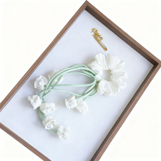 100% Hand Sewn Cream White Lily of the Valley Scrunchie with 2 Handmade 3D Flowers, French Floral Tassel Hair Tie for Daily Casual Wear