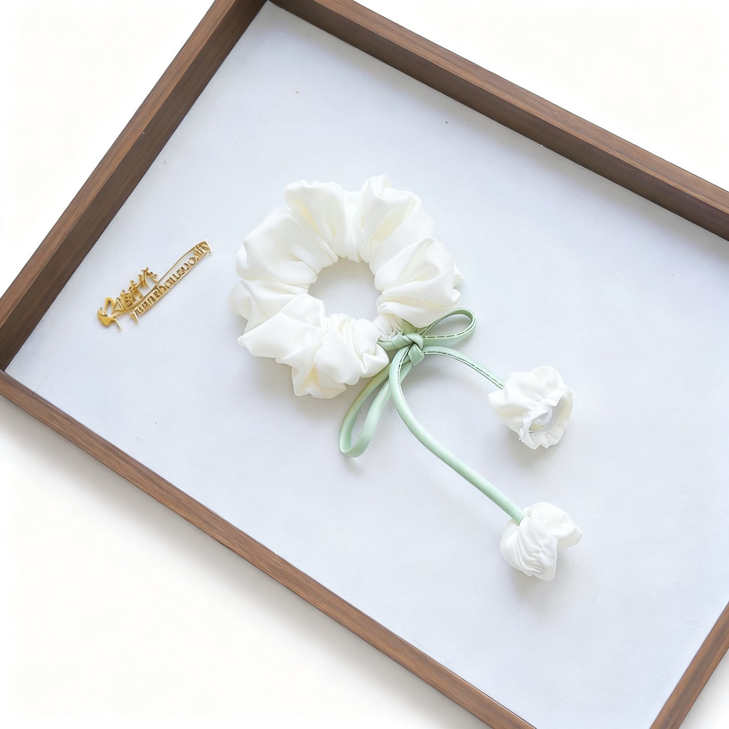 100% Hand Sewn Cream White Lily of the Valley Scrunchie with 2 Handmade 3D Flowers, French Floral Tassel Hair Tie for Daily Casual Wear