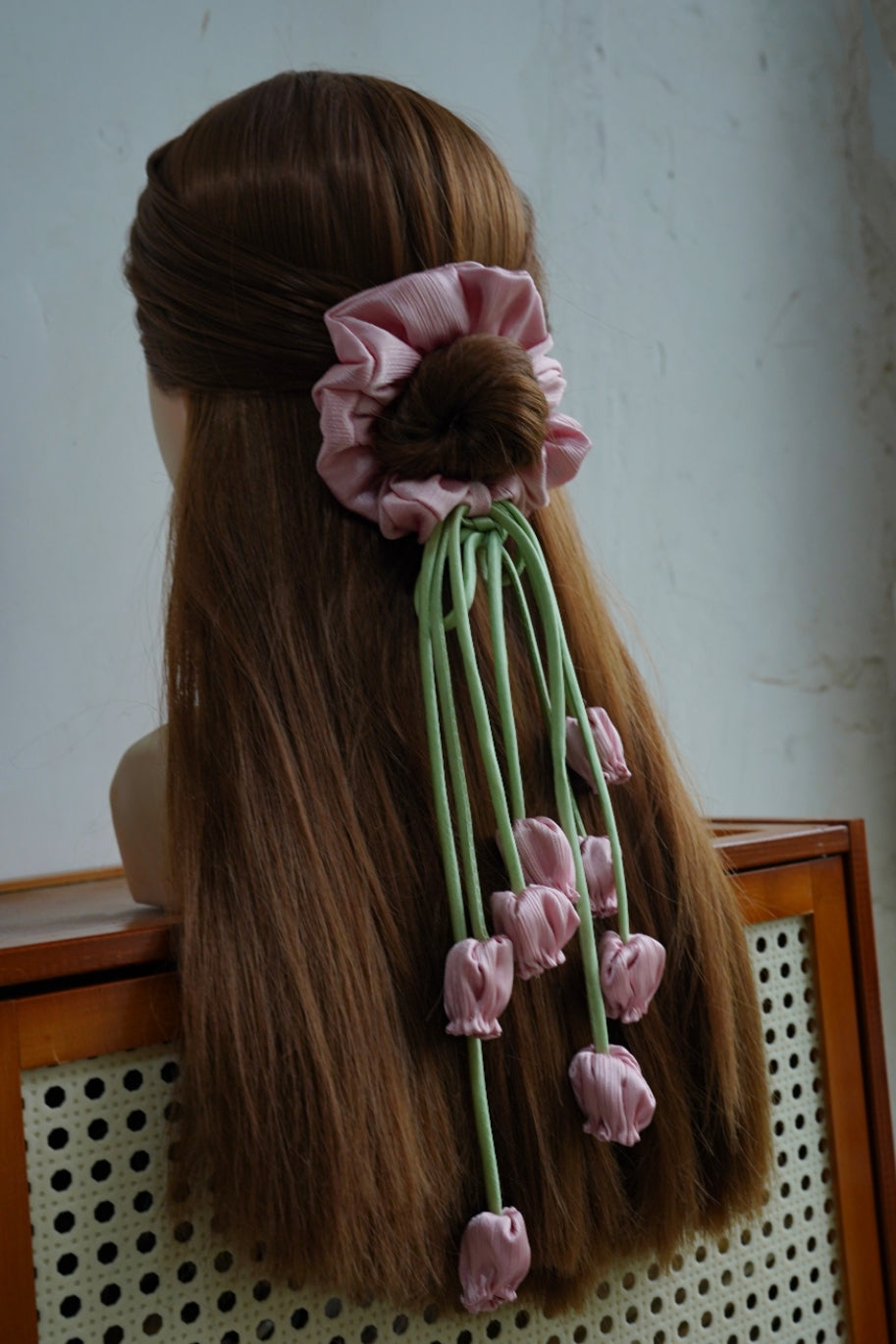 100% Hand Sewn Satin Lily of the Valley Scrunchie, 7 Colors White Black Vintage Blue Purple Champagne Pink Red, 2/8 Handmade 3D Flowers, Rhinestone & Plain Hair Tie Gift for Women