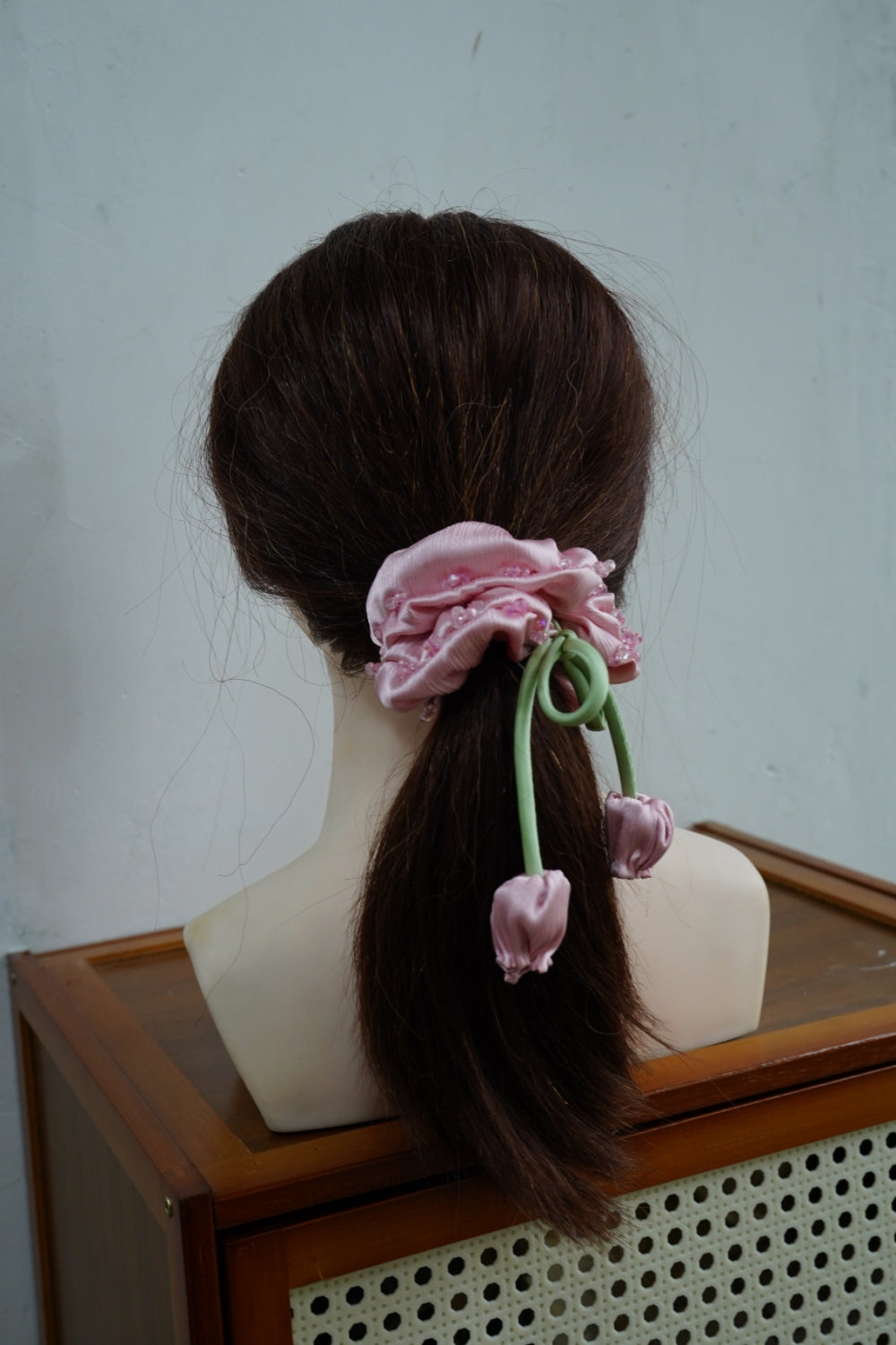 100% Hand Sewn Satin Lily of the Valley Scrunchie, 7 Colors White Black Vintage Blue Purple Champagne Pink Red, 2/8 Handmade 3D Flowers, Rhinestone & Plain Hair Tie Gift for Women