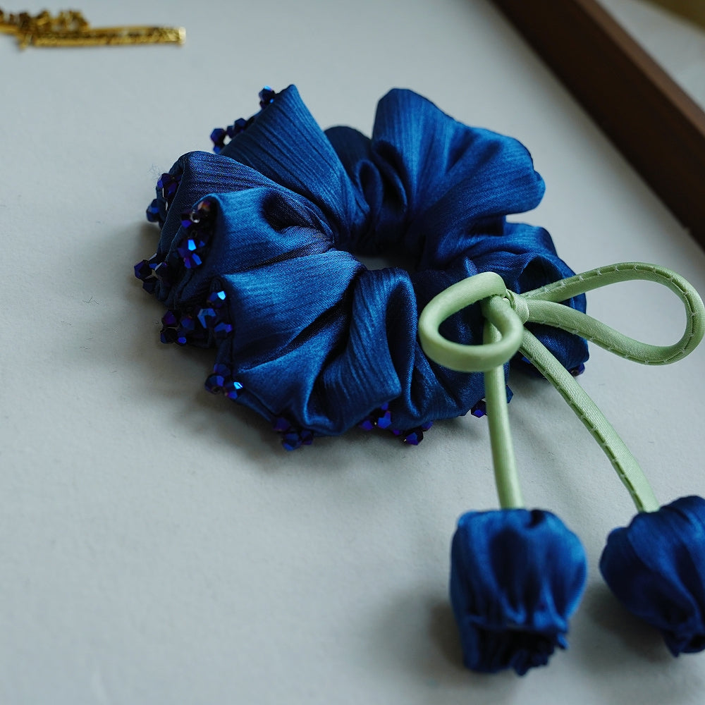 100% Hand Sewn Satin Lily of the Valley Scrunchie, 7 Colors White Black Vintage Blue Purple Champagne Pink Red, 2/8 Handmade 3D Flowers, Rhinestone & Plain Hair Tie Gift for Women