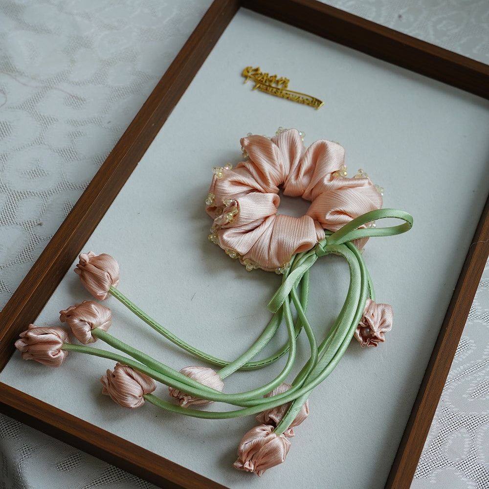 100% Hand Sewn Satin Lily of the Valley Scrunchie, 7 Colors White Black Vintage Blue Purple Champagne Pink Red, 2/8 Handmade 3D Flowers, Rhinestone & Plain Hair Tie Gift for Women