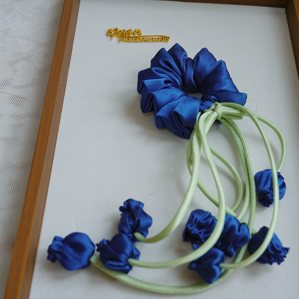 100% Hand Sewn Satin Lily of the Valley Scrunchie, 7 Colors White Black Vintage Blue Purple Champagne Pink Red, 2/8 Handmade 3D Flowers, Rhinestone & Plain Hair Tie Gift for Women
