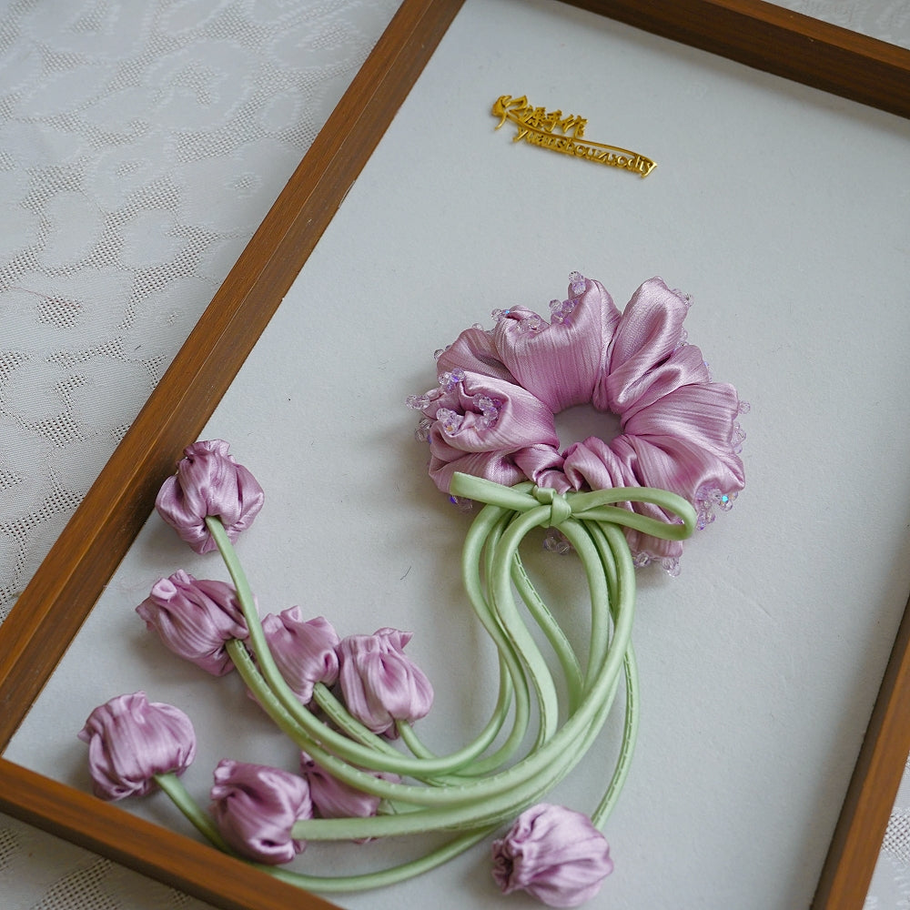 100% Hand Sewn Satin Lily of the Valley Scrunchie, 7 Colors White Black Vintage Blue Purple Champagne Pink Red, 2/8 Handmade 3D Flowers, Rhinestone & Plain Hair Tie Gift for Women