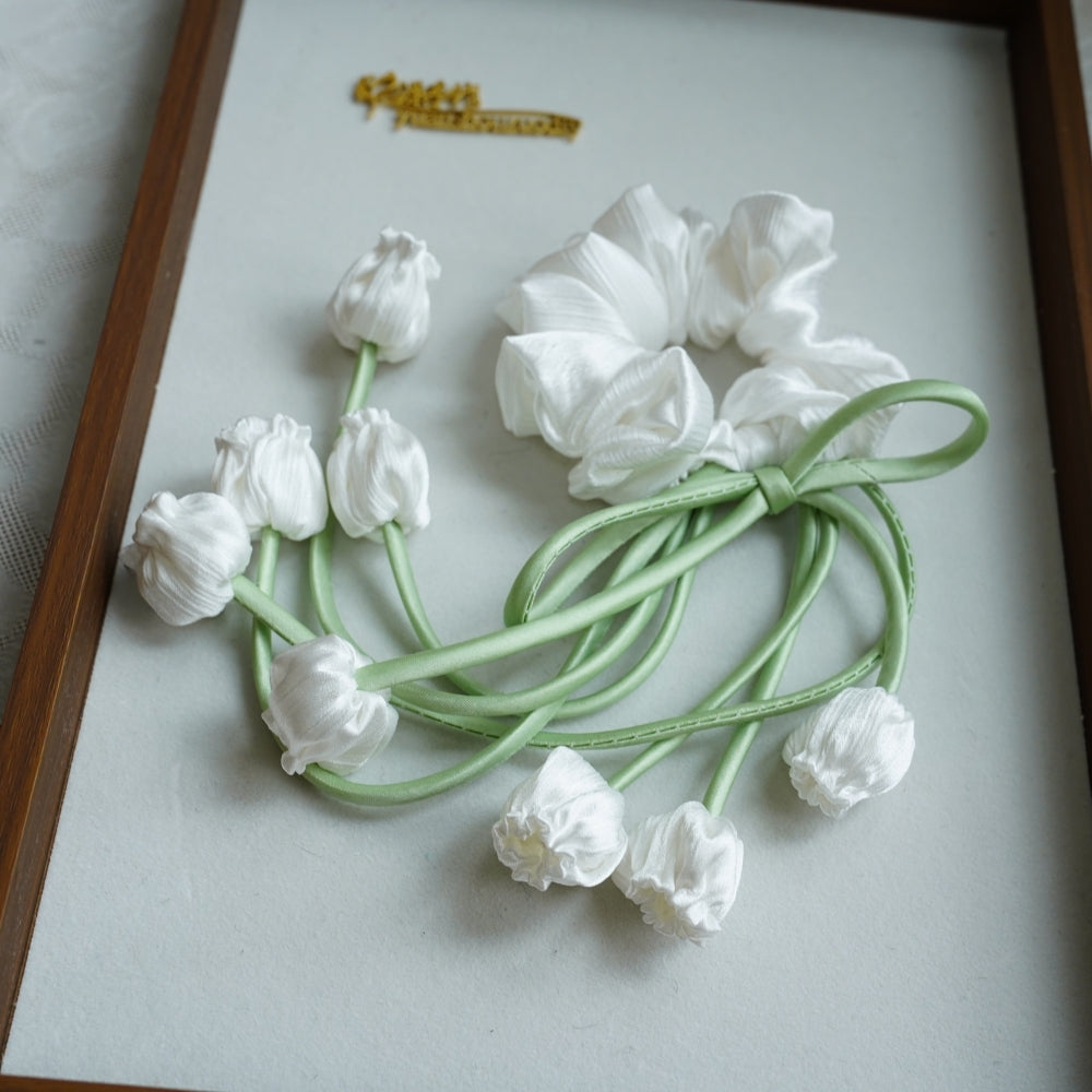 100% Hand Sewn Satin Lily of the Valley Scrunchie, 7 Colors White Black Vintage Blue Purple Champagne Pink Red, 2/8 Handmade 3D Flowers, Rhinestone & Plain Hair Tie Gift for Women