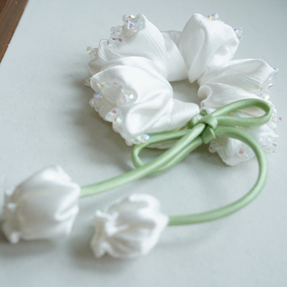 100% Hand Sewn Satin Lily of the Valley Scrunchie, 7 Colors White Black Vintage Blue Purple Champagne Pink Red, 2/8 Handmade 3D Flowers, Rhinestone & Plain Hair Tie Gift for Women