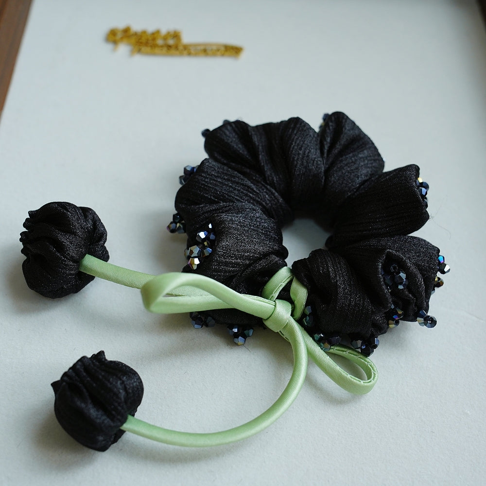 100% Hand Sewn Satin Lily of the Valley Scrunchie, 7 Colors White Black Vintage Blue Purple Champagne Pink Red, 2/8 Handmade 3D Flowers, Rhinestone & Plain Hair Tie Gift for Women