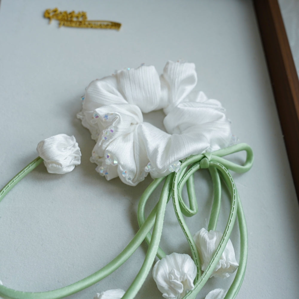 100% Hand Sewn Satin Lily of the Valley Scrunchie, 7 Colors White Black Vintage Blue Purple Champagne Pink Red, 2/8 Handmade 3D Flowers, Rhinestone & Plain Hair Tie Gift for Women