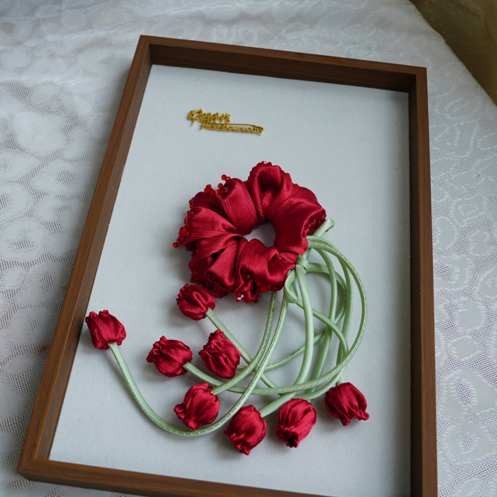 100% Hand Sewn Satin Lily of the Valley Scrunchie, 7 Colors White Black Vintage Blue Purple Champagne Pink Red, 2/8 Handmade 3D Flowers, Rhinestone & Plain Hair Tie Gift for Women