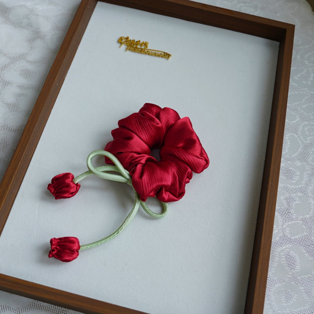 100% Hand Sewn Satin Lily of the Valley Scrunchie, 7 Colors White Black Vintage Blue Purple Champagne Pink Red, 2/8 Handmade 3D Flowers, Rhinestone & Plain Hair Tie Gift for Women