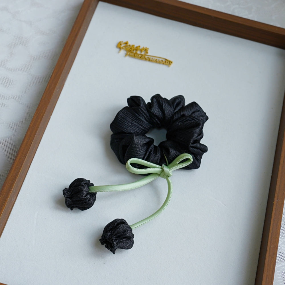 100% Hand Sewn Satin Lily of the Valley Scrunchie, 7 Colors White Black Vintage Blue Purple Champagne Pink Red, 2/8 Handmade 3D Flowers, Rhinestone & Plain Hair Tie Gift for Women
