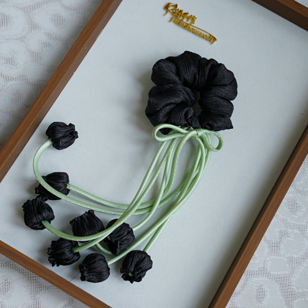 100% Hand Sewn Satin Lily of the Valley Scrunchie, 7 Colors White Black Vintage Blue Purple Champagne Pink Red, 2/8 Handmade 3D Flowers, Rhinestone & Plain Hair Tie Gift for Women