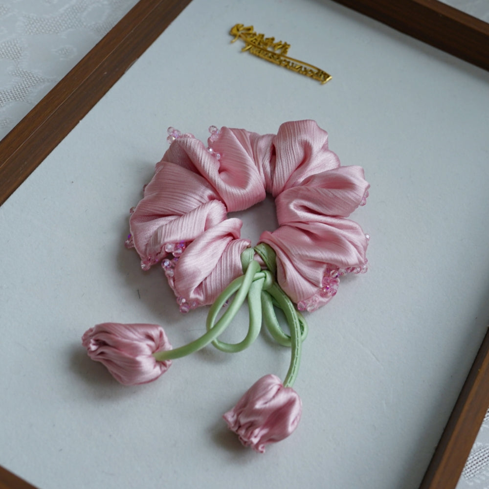 100% Hand Sewn Satin Lily of the Valley Scrunchie, 7 Colors White Black Vintage Blue Purple Champagne Pink Red, 2/8 Handmade 3D Flowers, Rhinestone & Plain Hair Tie Gift for Women