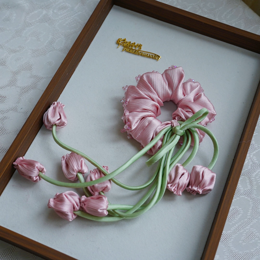 100% Hand Sewn Satin Lily of the Valley Scrunchie, 7 Colors White Black Vintage Blue Purple Champagne Pink Red, 2/8 Handmade 3D Flowers, Rhinestone & Plain Hair Tie Gift for Women