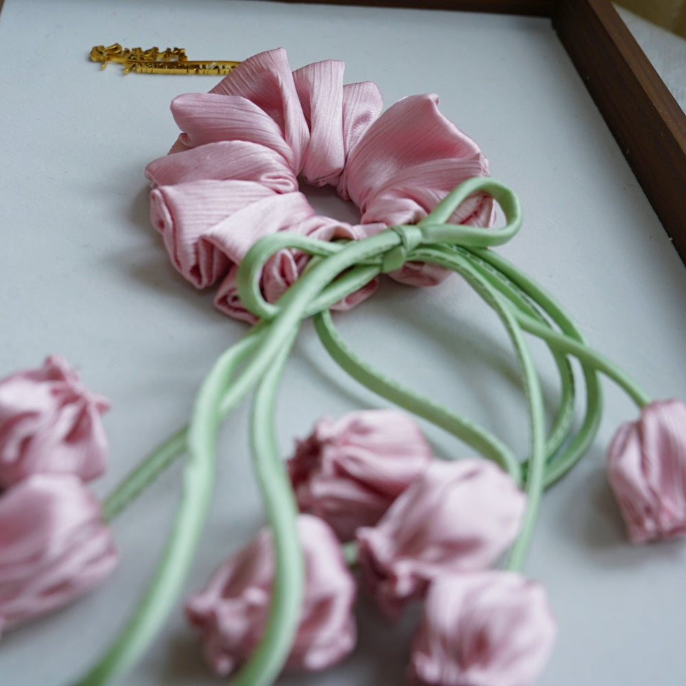100% Hand Sewn Satin Lily of the Valley Scrunchie, 7 Colors White Black Vintage Blue Purple Champagne Pink Red, 2/8 Handmade 3D Flowers, Rhinestone & Plain Hair Tie Gift for Women