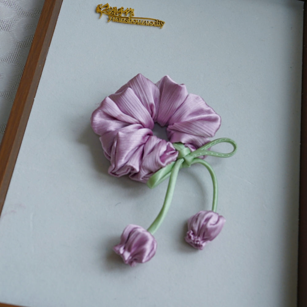 100% Hand Sewn Satin Lily of the Valley Scrunchie, 7 Colors White Black Vintage Blue Purple Champagne Pink Red, 2/8 Handmade 3D Flowers, Rhinestone & Plain Hair Tie Gift for Women