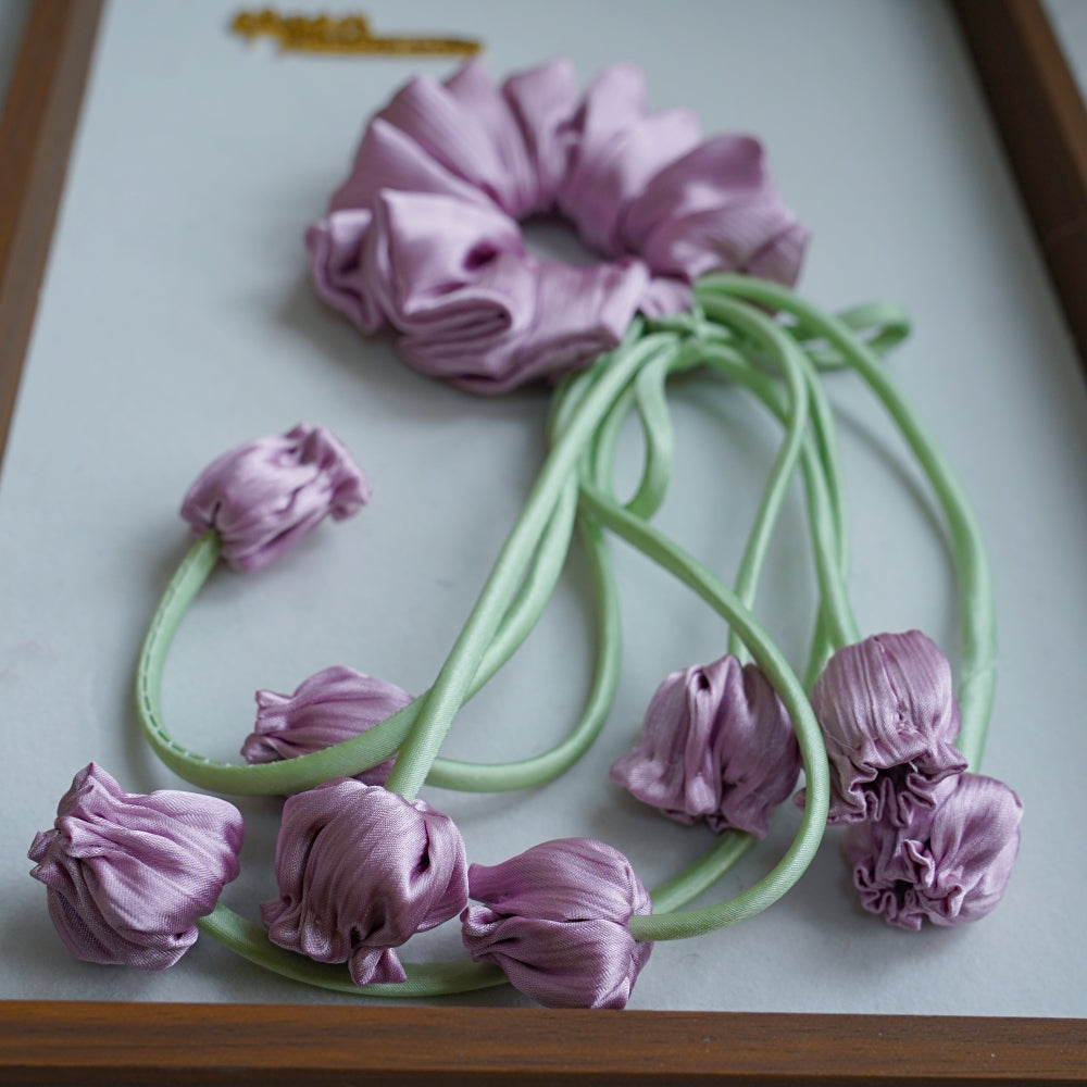 100% Hand Sewn Satin Lily of the Valley Scrunchie, 7 Colors White Black Vintage Blue Purple Champagne Pink Red, 2/8 Handmade 3D Flowers, Rhinestone & Plain Hair Tie Gift for Women