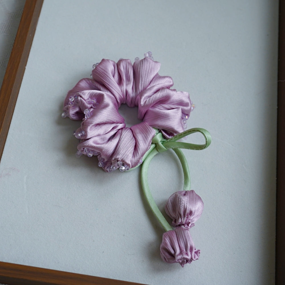100% Hand Sewn Satin Lily of the Valley Scrunchie, 7 Colors White Black Vintage Blue Purple Champagne Pink Red, 2/8 Handmade 3D Flowers, Rhinestone & Plain Hair Tie Gift for Women