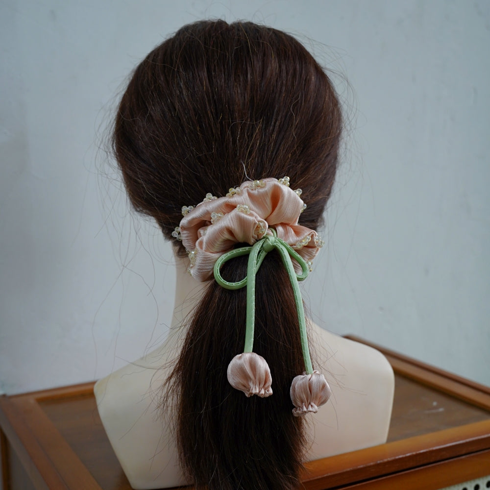 100% Hand Sewn Satin Lily of the Valley Scrunchie, 7 Colors White Black Vintage Blue Purple Champagne Pink Red, 2/8 Handmade 3D Flowers, Rhinestone & Plain Hair Tie Gift for Women