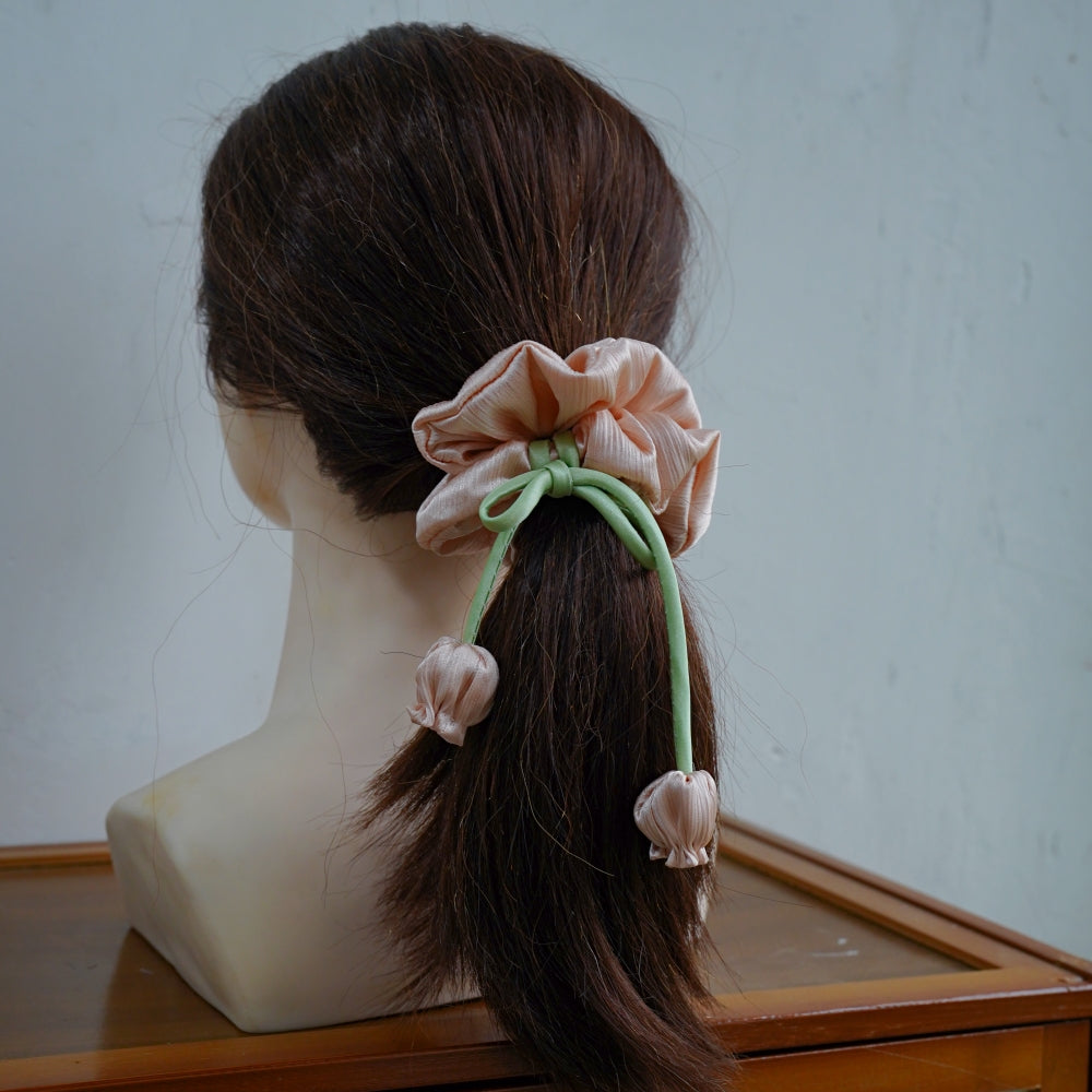 100% Hand Sewn Satin Lily of the Valley Scrunchie, 7 Colors White Black Vintage Blue Purple Champagne Pink Red, 2/8 Handmade 3D Flowers, Rhinestone & Plain Hair Tie Gift for Women