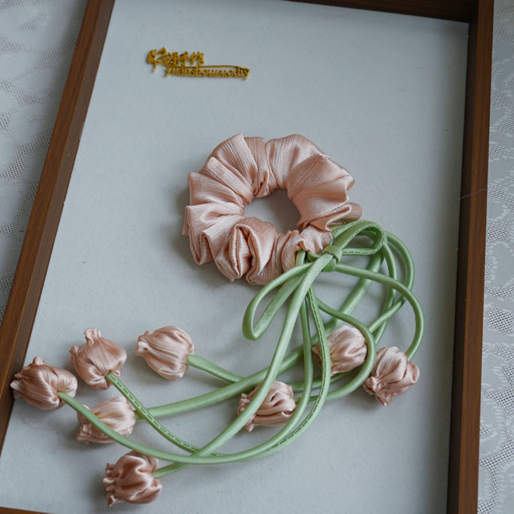 100% Hand Sewn Satin Lily of the Valley Scrunchie, 7 Colors White Black Vintage Blue Purple Champagne Pink Red, 2/8 Handmade 3D Flowers, Rhinestone & Plain Hair Tie Gift for Women