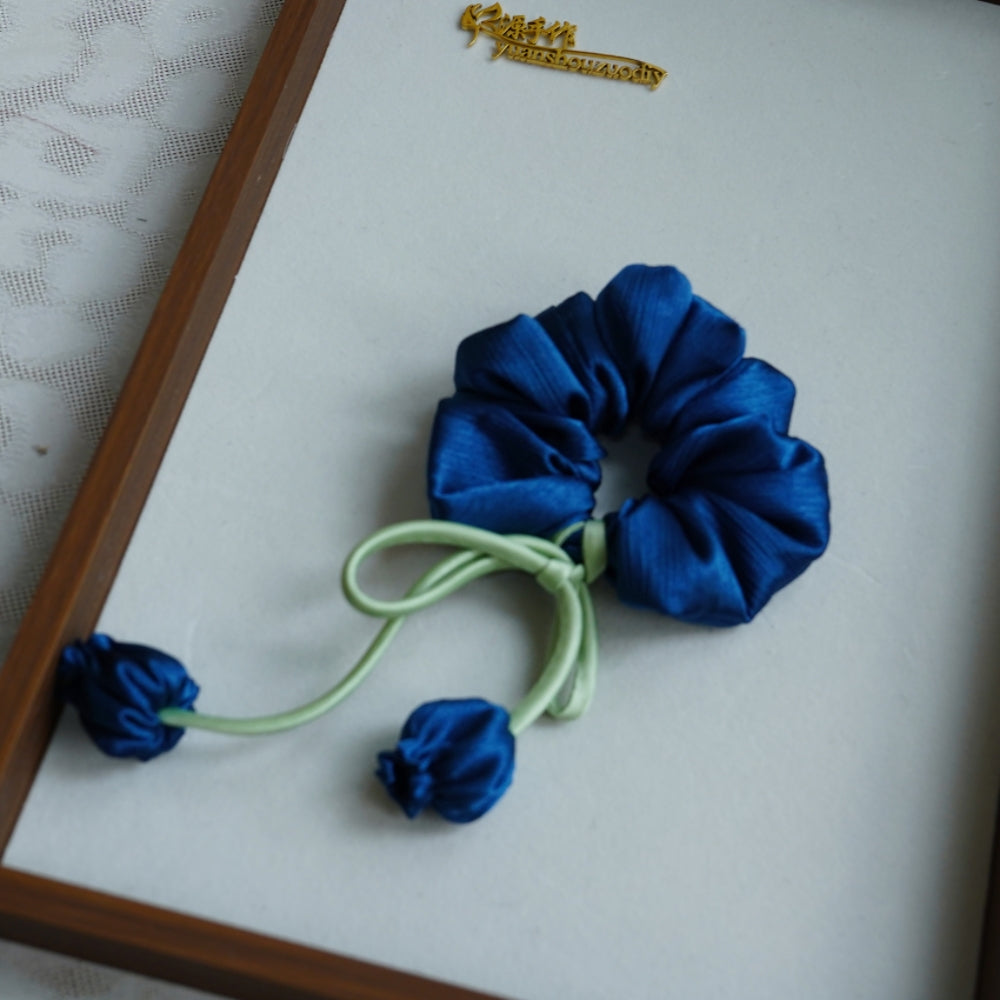 100% Hand Sewn Satin Lily of the Valley Scrunchie, 7 Colors White Black Vintage Blue Purple Champagne Pink Red, 2/8 Handmade 3D Flowers, Rhinestone & Plain Hair Tie Gift for Women