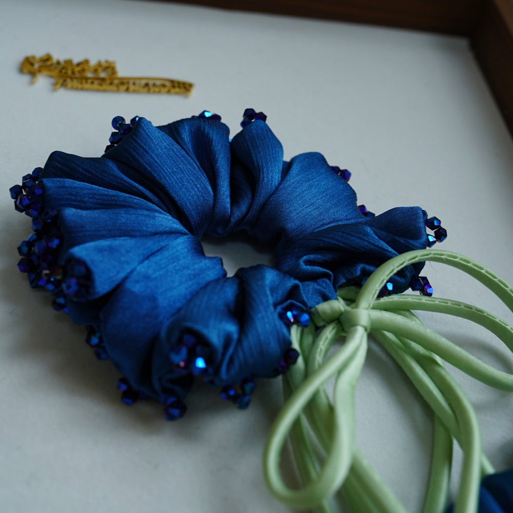 100% Hand Sewn Satin Lily of the Valley Scrunchie, 7 Colors White Black Vintage Blue Purple Champagne Pink Red, 2/8 Handmade 3D Flowers, Rhinestone & Plain Hair Tie Gift for Women