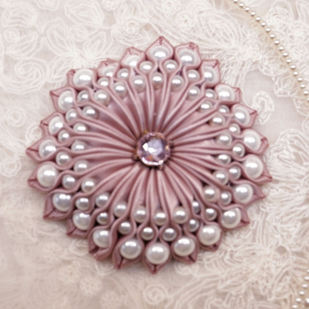 Handmade Pearl Satin Ribbon Flower Applique, 6cm