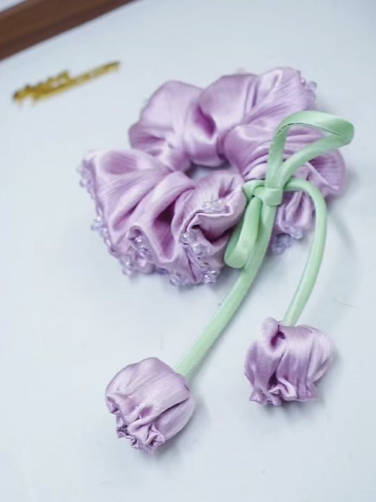 100% Hand Sewn Satin Lily of the Valley Scrunchie, 7 Colors White Black Vintage Blue Purple Champagne Pink Red, 2/8 Handmade 3D Flowers, Rhinestone & Plain Hair Tie Gift for Women